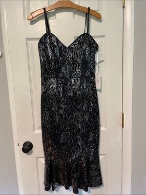 Siena Studio Black Sequined Midi Slip Dress with Subtle Flare